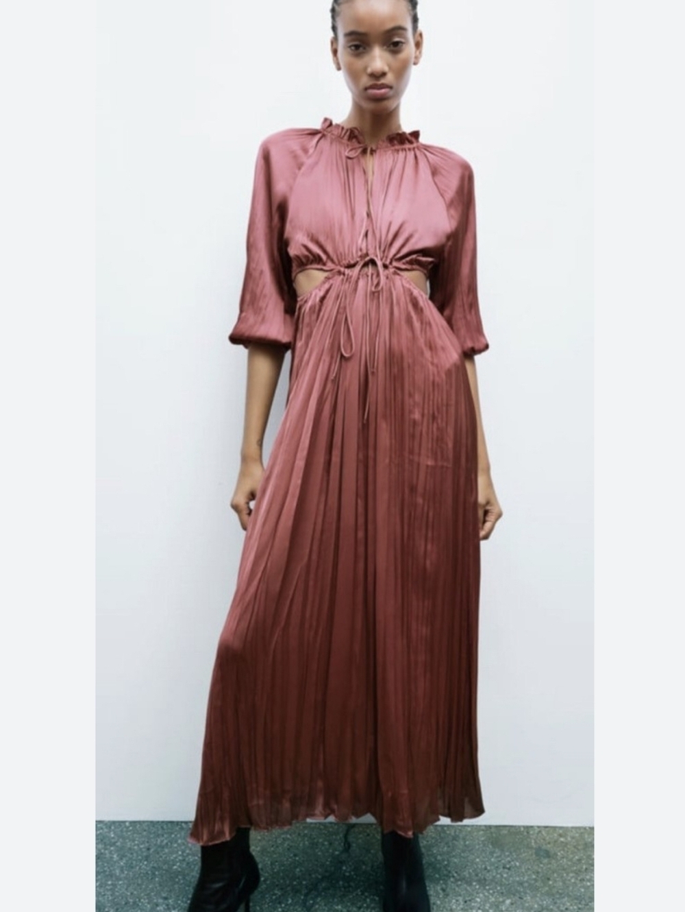 Zara Marsala Satin Effect Pleated Cutout Long Sleeve Maxi Dress - Size Small